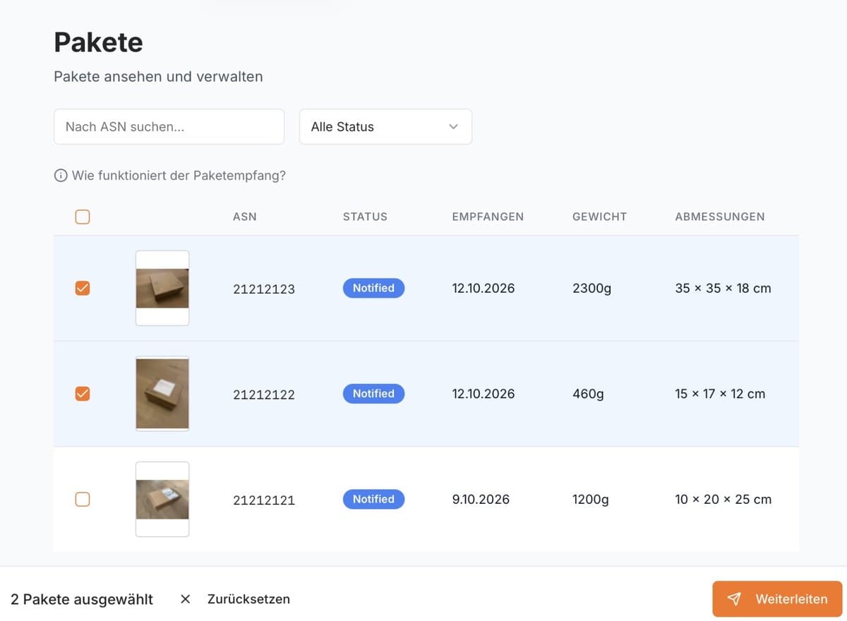Package overview in the ProxyHub portal with two packages selected for forwarding together