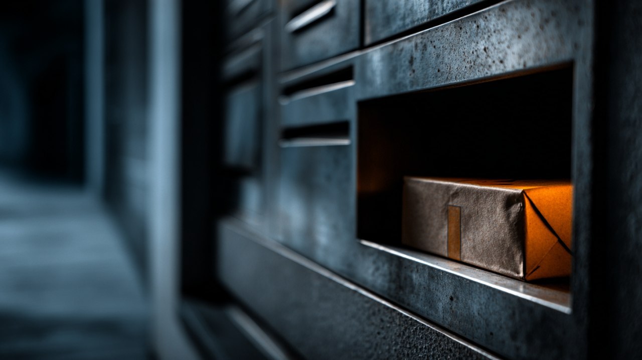 A parcel resting in a lit Packstation compartment
