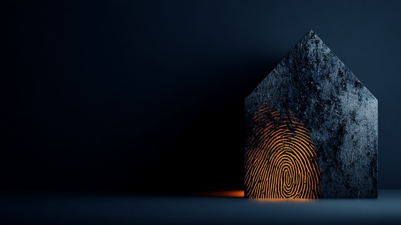 A charcoal-colored house with a glowing orange fingerprint burned into its facade